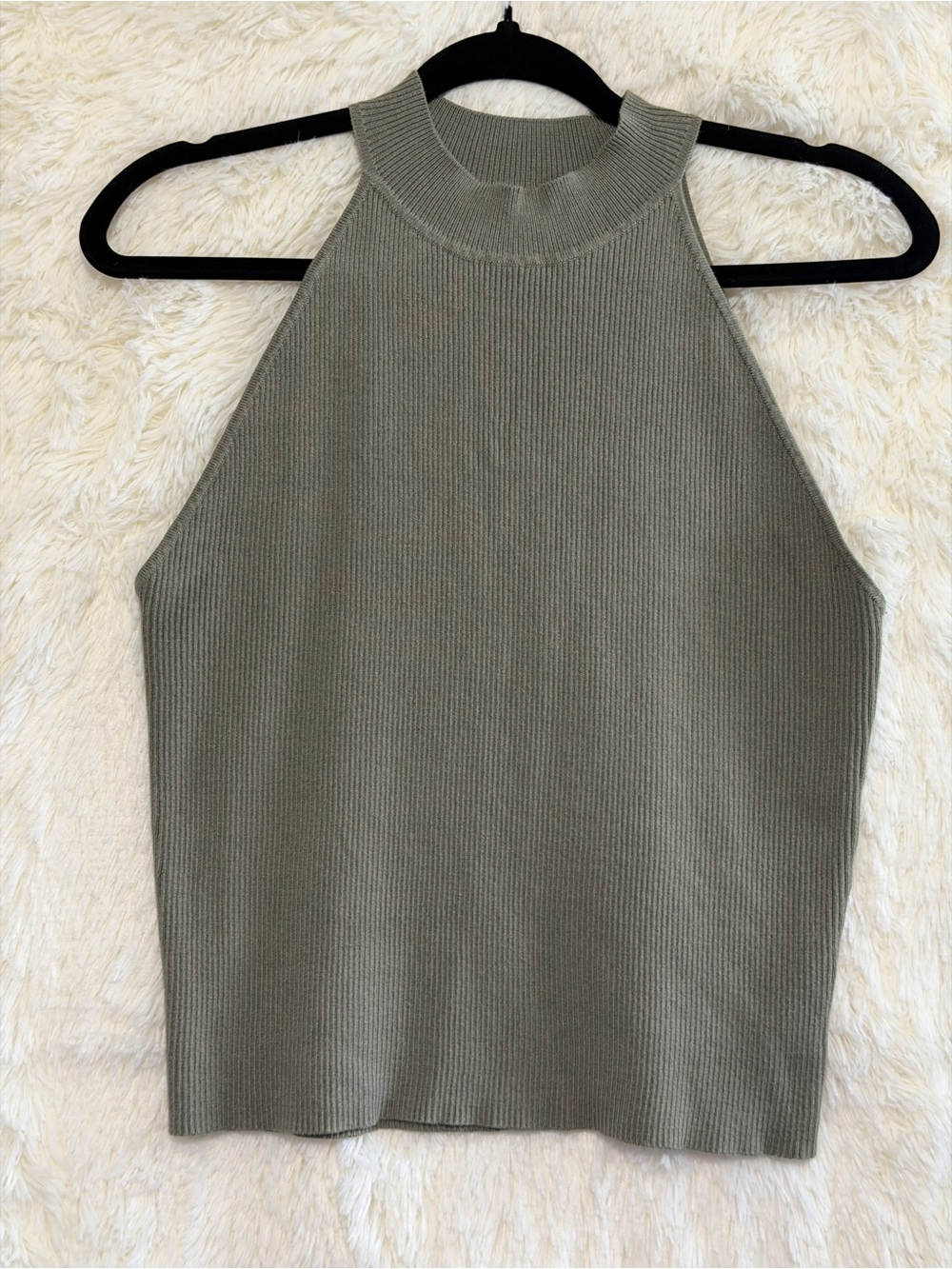 Mexx Womens Ribbed Halter Top XL Sage Green Hi Neck Minimalist Neutral Layers